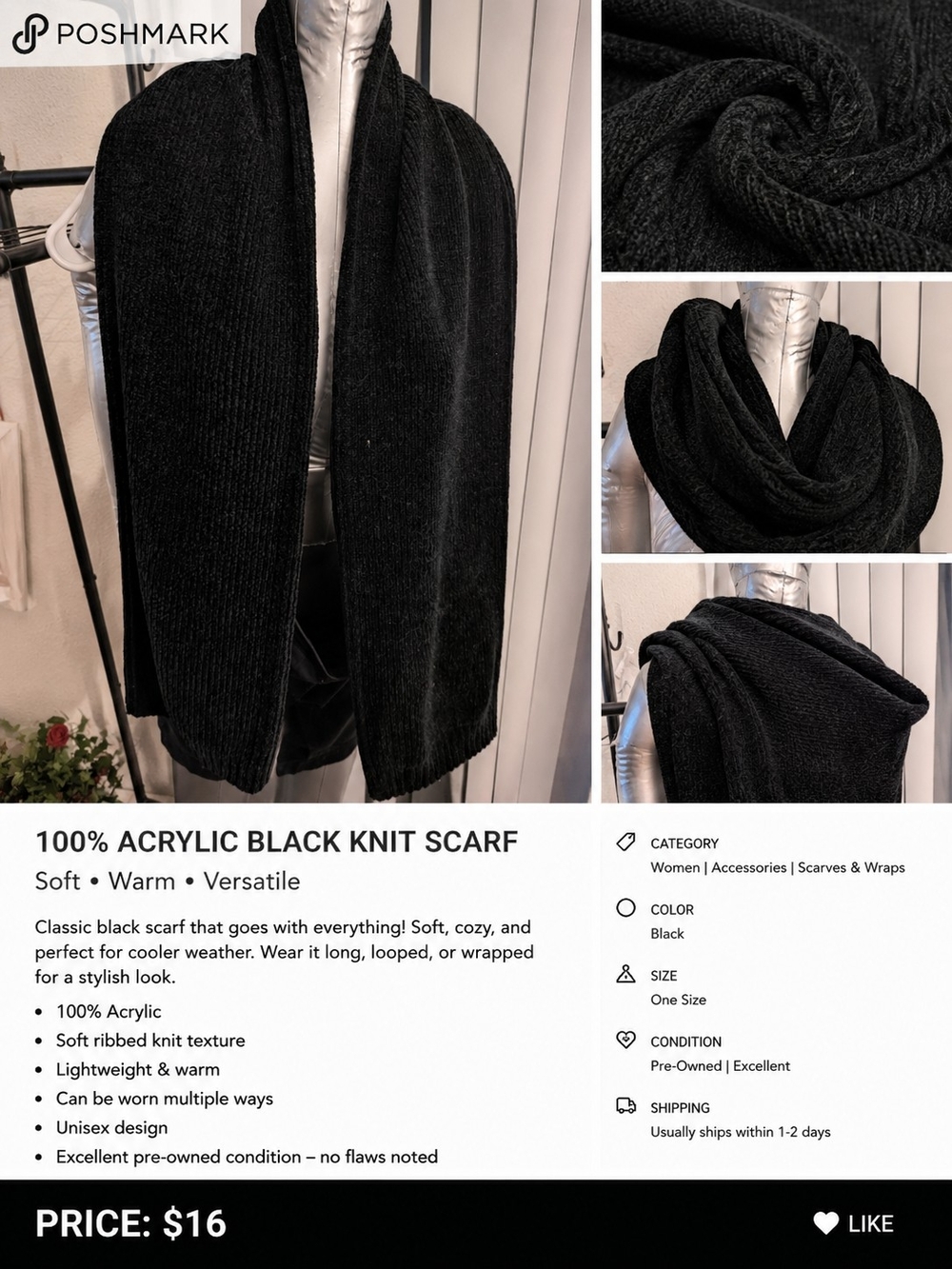 Black Ribbed Knit Scarf - Cozy Acrylic Wrap